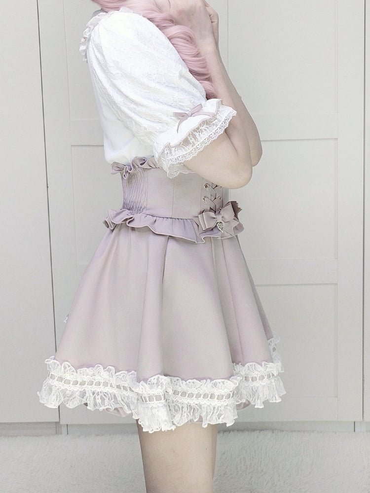 Landmine Pink and White Lace Peter Pan Collar Short Sleeve Blouse with Bow Tie - shirohato