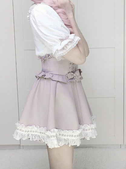 Landmine Pink and White Lace Peter Pan Collar Short Sleeve Blouse with Bow Tie - shirohato