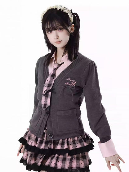 Dark Gray V-Neck Spring Slim-fitting Knitted Cardigan