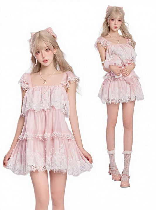 Pink Square Neck Flutter Sleeve Lace Dress - serendipity