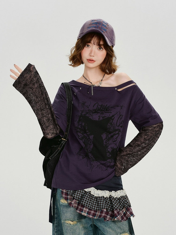 Black Purple Asymmetrical Faux Two Piece Cat Print Top - Girlyhalo