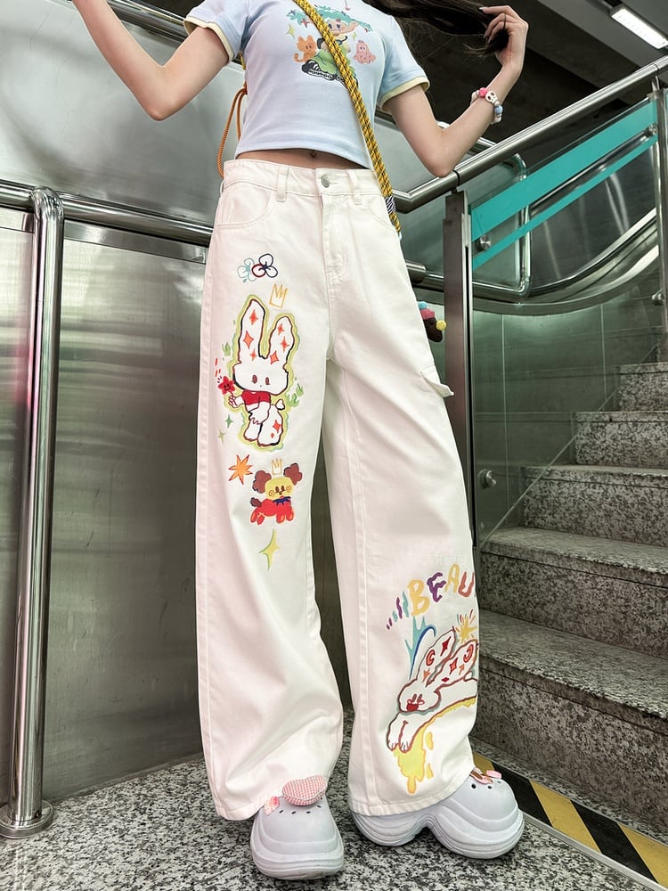 Waist Wide-leg Jeans Cartoon Bunny Print White Low