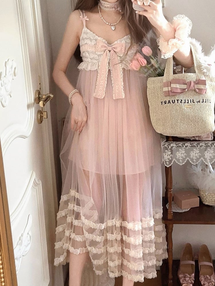 Rosa Länge Slip Spitzenkleid Rüschen Bowknot Tiered Knöchel mit