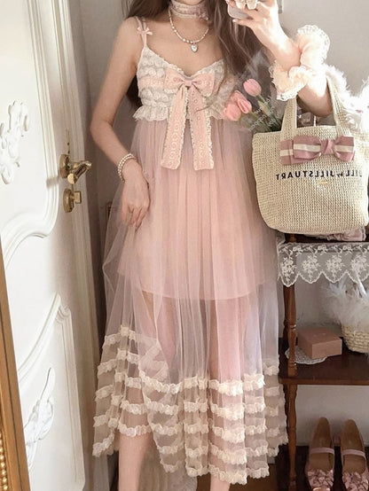 Rosa Länge Slip Spitzenkleid Rüschen Bowknot Tiered Knöchel mit