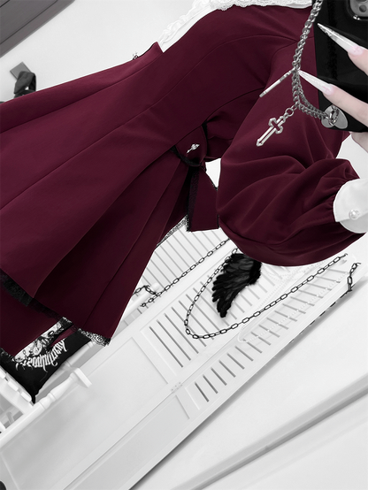 Deep Red Embroidered Set: Pointed with Kei Wine Collar Full Cross Jirai Dress