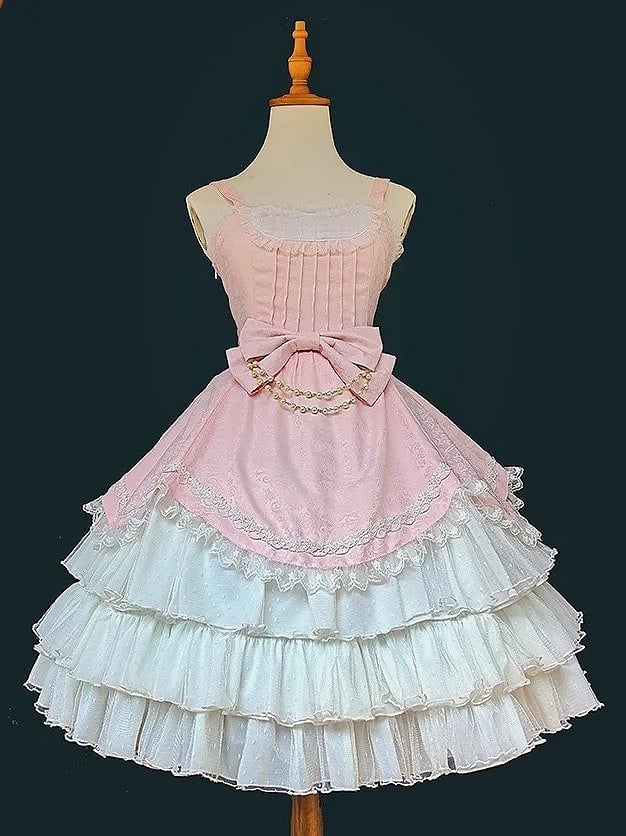 Bow Classic Dress and Pink with White Bead Elegant Layered Lolita Ruffle Accents