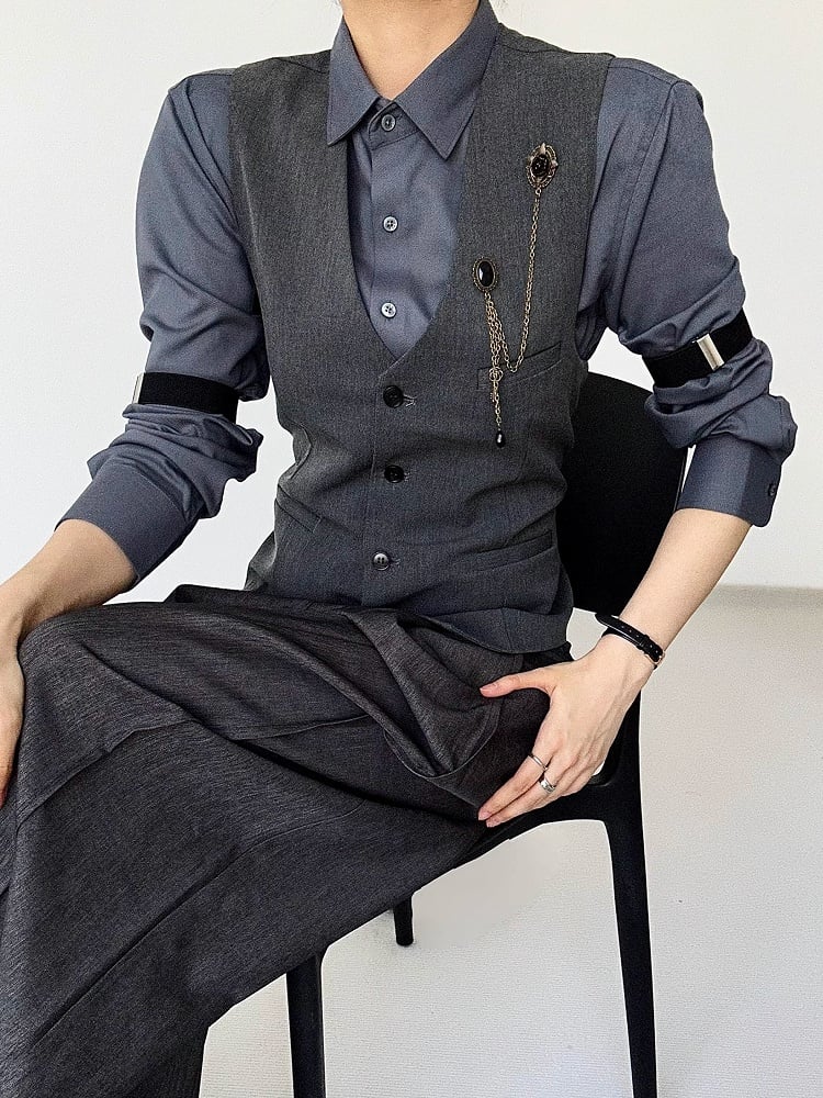 Button-Front  Gray Ouji Lolita Closure V-Neck Vest with Suit
