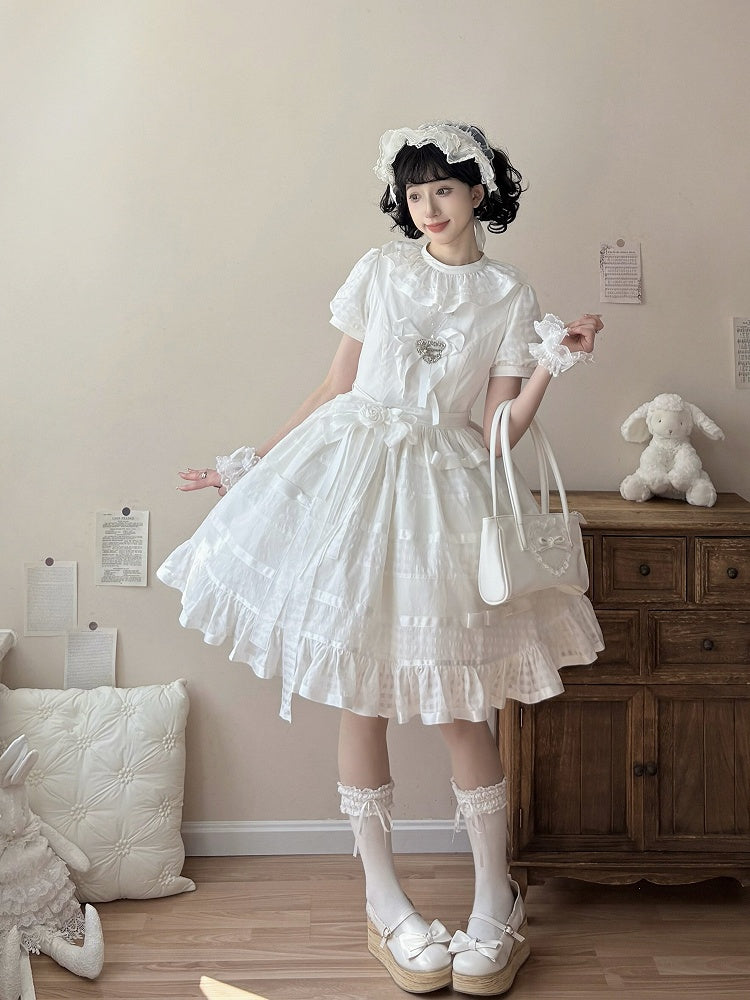 Ivory Checkered Puff Sleeve Lolita One-Piece Dress