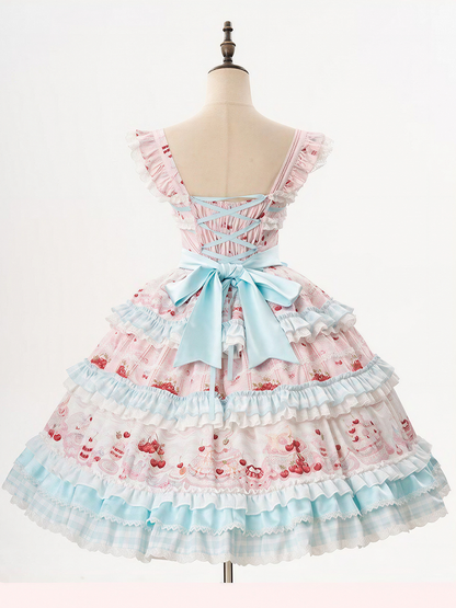 Blue Cherry Cake Print Sweet Lolita Dress with Bow Details - Strawberry Fantasy