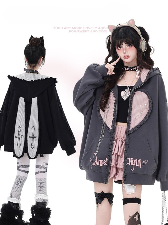 Black/Gray Ruffle Trim Zip-Up Hoodie with Bunny Ears and Sweetheart Applique