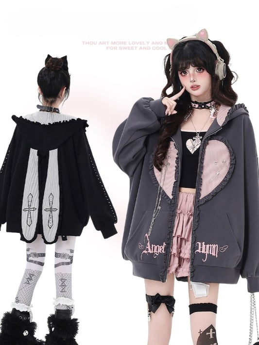 Black/Gray Ruffle Trim Zip-Up Hoodie with Bunny Ears and Sweetheart Applique