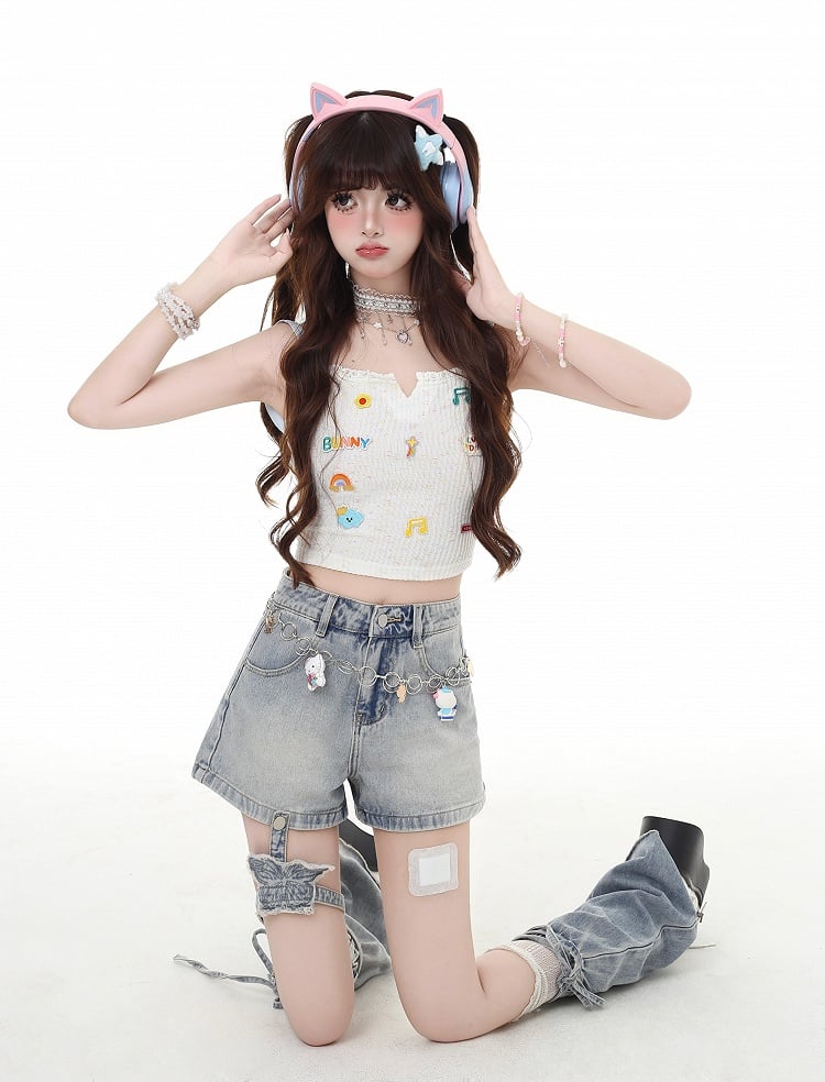 Y2K Butterfly Flared Beinwärmer Hellblaue Jeansshorts mit abnehmbarem Strumpfband