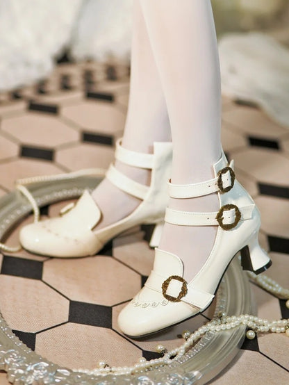 Details Lolita Elegant Mid-Heel Three-Strap Mary Rose Creamy Janes Closure White Romantic -