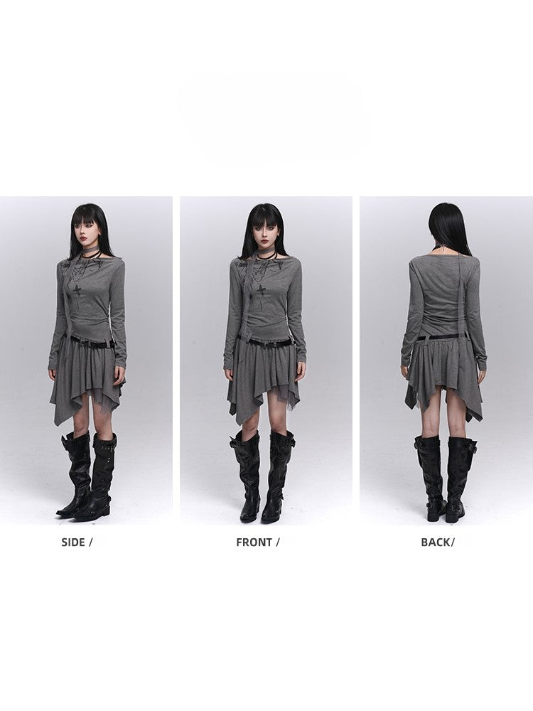 with Gothic Hem Dress Graffiti Handkerchief Light Neck Off-Shoulder Strap Gray