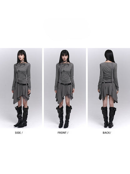 with Gothic Hem Dress Graffiti Handkerchief Light Neck Off-Shoulder Strap Gray