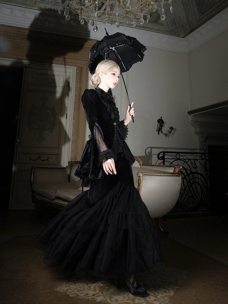 Black Embroidered Lace Blouse with Velvet V-Neck Coat and Layered Mermaid Skirt - DevilInspired Exclusive Collection