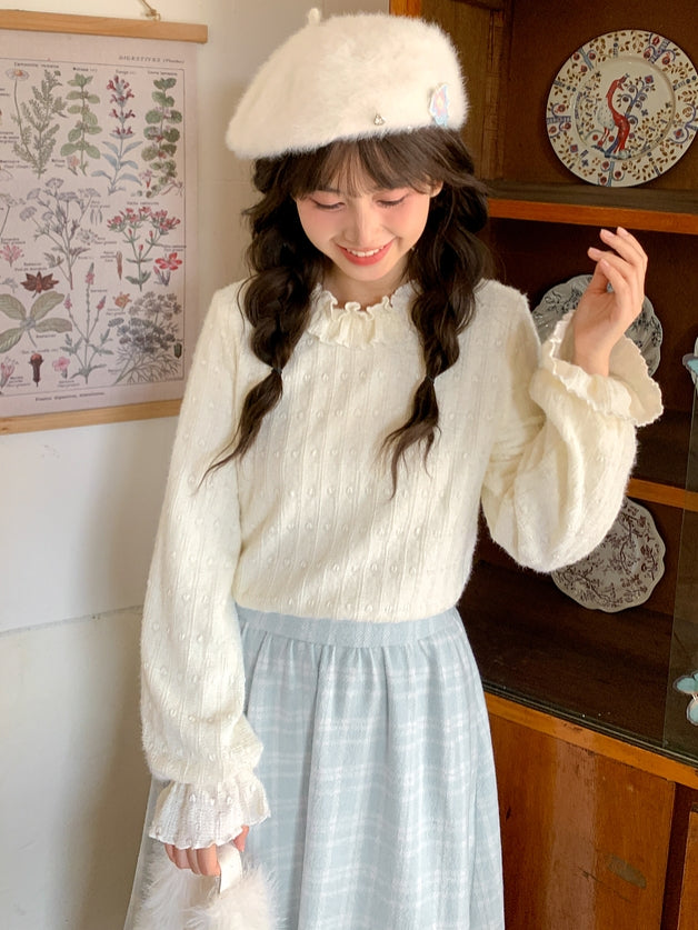 Beiges, langärmliges Oberteil mit Rüschenausschnitt