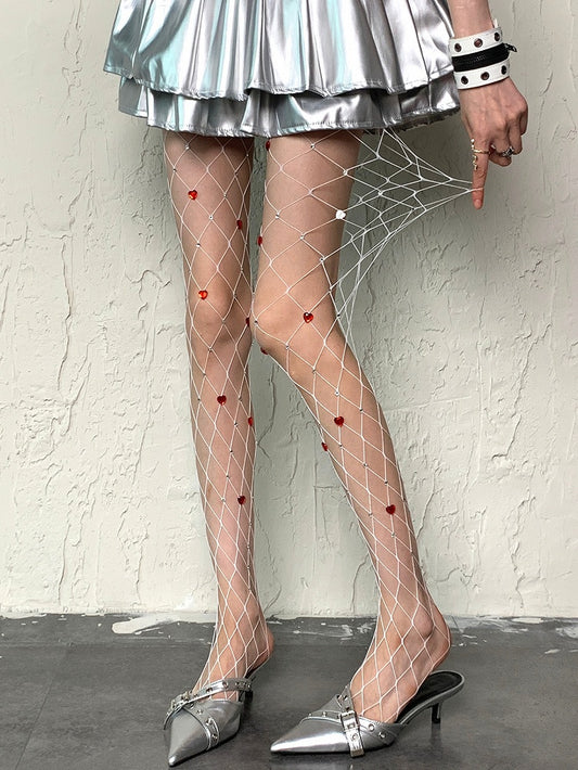 Heart Decorated Y2K Tights Rhinestone Details White/Black Fishnet