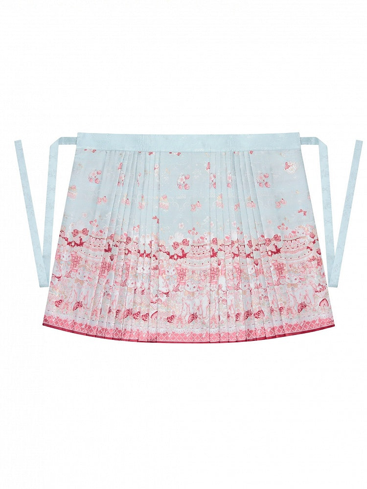 Blue Mamian Skirt with Han Elements and Sheep Tea Party Print Design - San Sheng Du