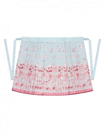 Blue Mamian Skirt with Han Elements and Sheep Tea Party Print Design - San Sheng Du