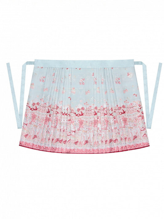 Blue Mamian Skirt with Han Elements and Sheep Tea Party Print Design - San Sheng Du