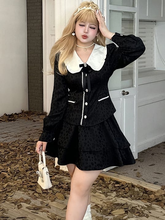 プラスサイズ ブラック ピーターパンカラー ジャカード ブラウス