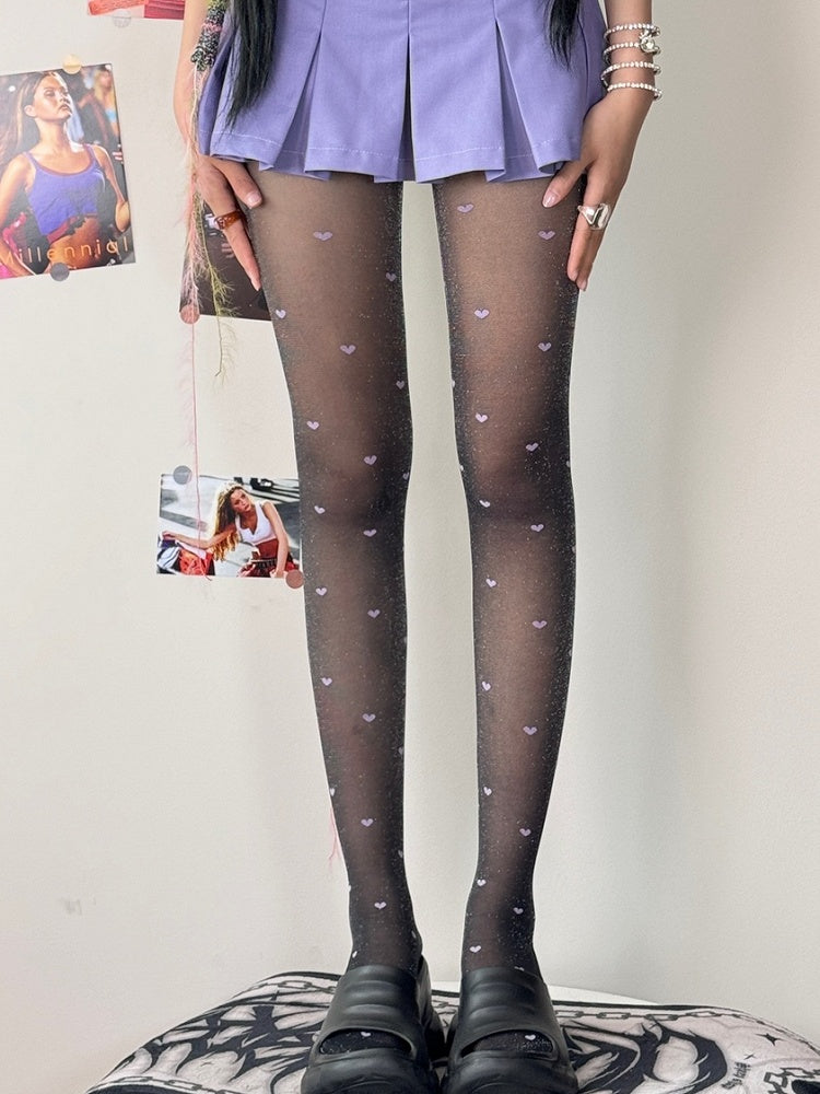 Heart Tights Pattern BlackPurple/GrayPink
