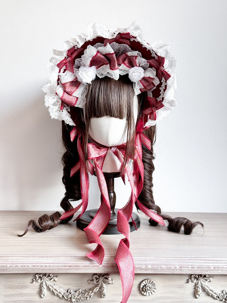 Lolita White Lace-Trimmed Bowknots and Accents Sweet Flower Bonnet Red with