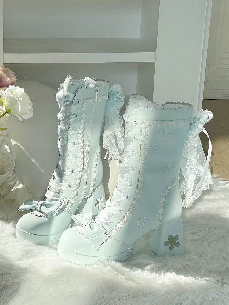 Lolita Lace Bow with Sweet Boots Heeled 8cm Details Blue Trim