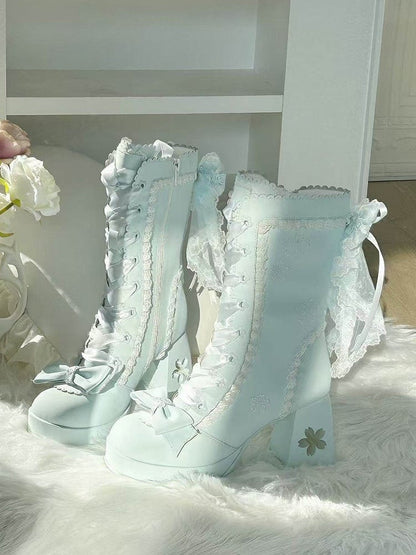 Lolita Lace Bow with Sweet Boots Heeled 8cm Details Blue Trim