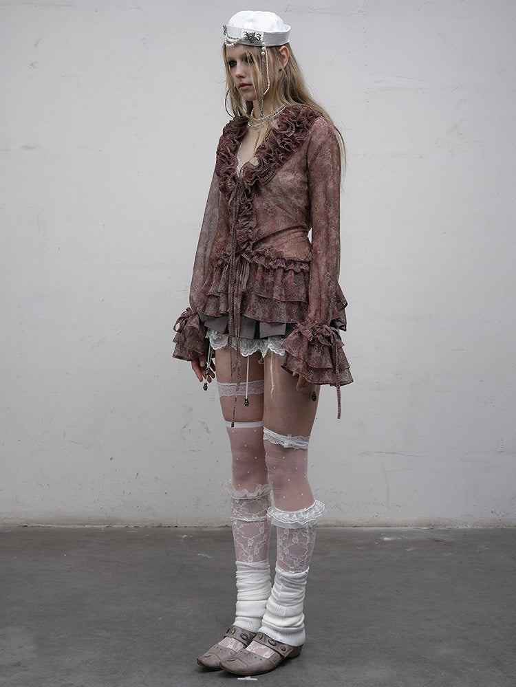 Pattern Ruffles Leopard Trim Sleeves Bell Shirt Purple