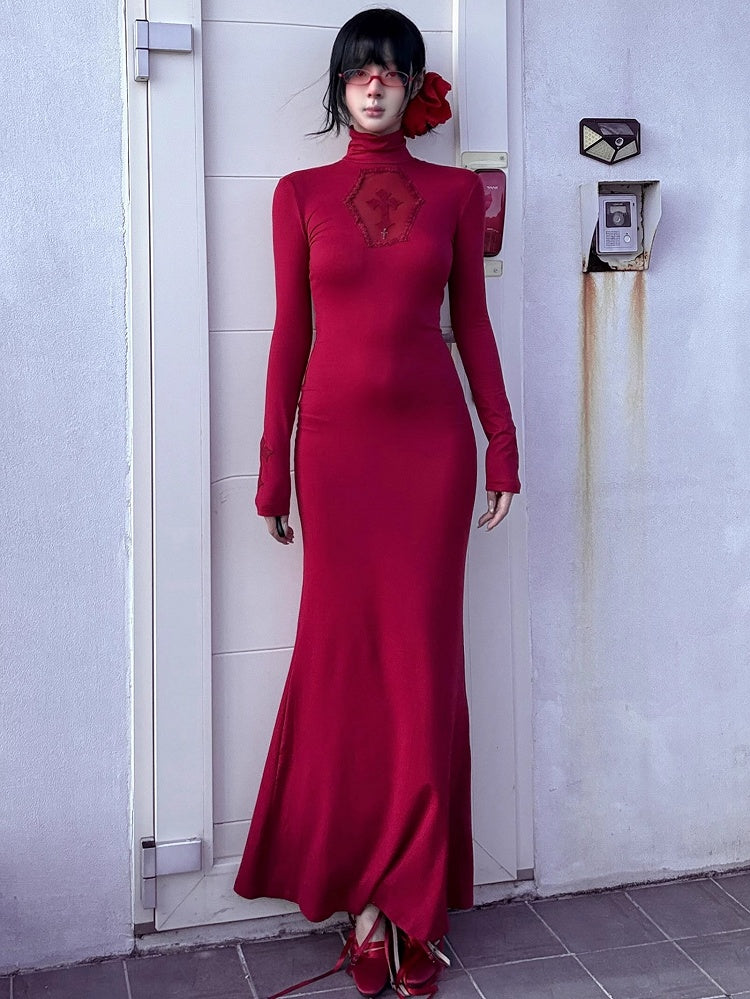 ゴシックレッドコフィンカットアウトクロスディテールハイネックマーメイドスカートマキシドレス