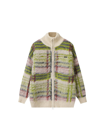 Green Zip Closure High Vintage Neck Mohair with Striped Cardigan