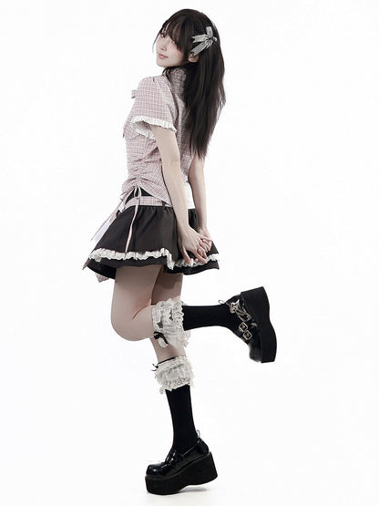 Dark Gray Double Layer Skirt with Lace Trim & Plaid Belt - PINK SAVIOR