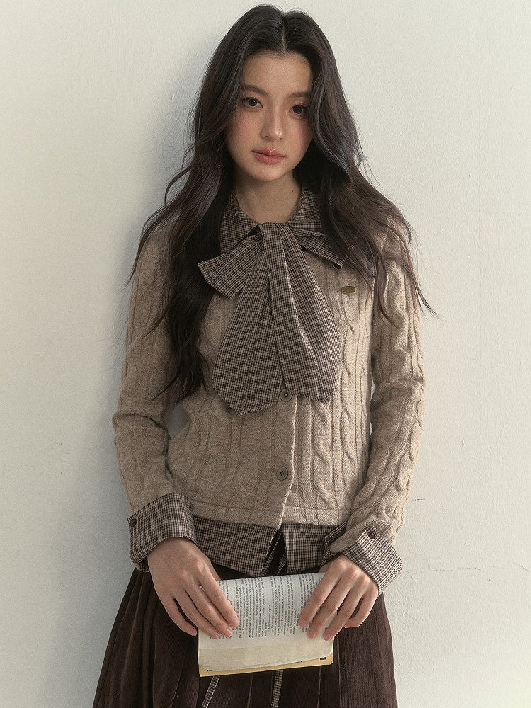 Plaid Faux Two-piece Khaki Vintage Elegant Sweater