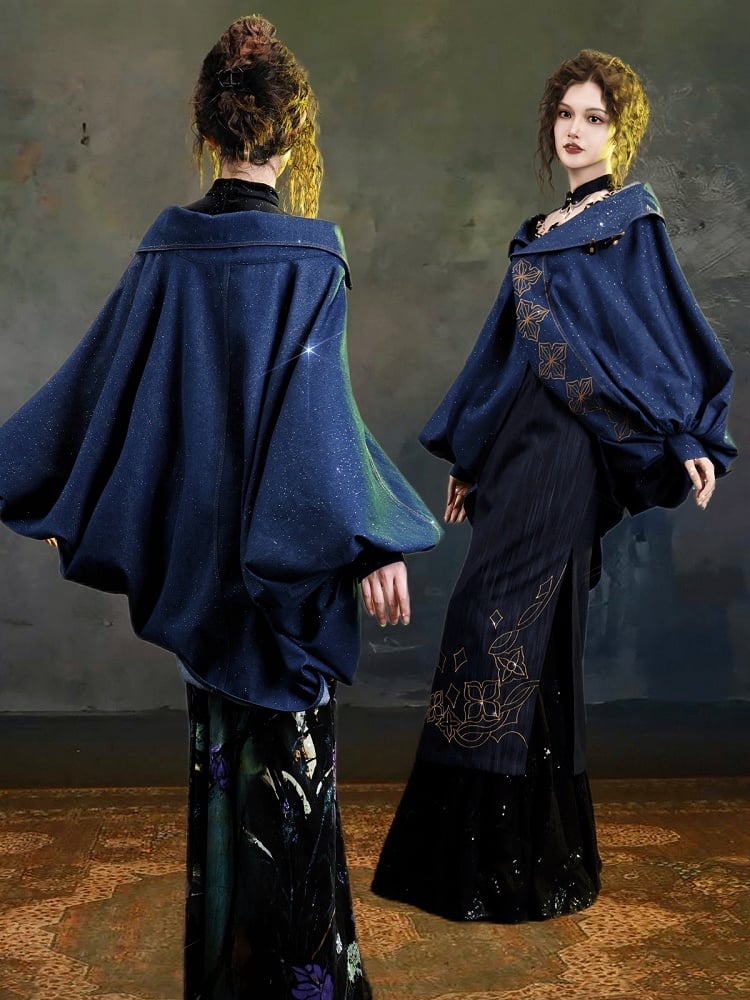 Blue Vintage Batwing Sleeve Outerwear with Chinoiserie Floral Embroidery - sijinstudio