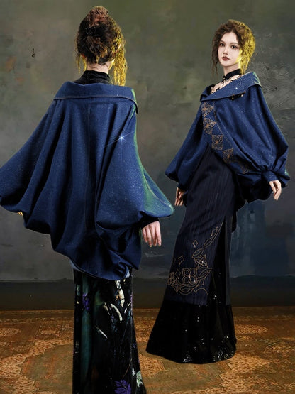 Blue Vintage Batwing Sleeve Outerwear with Chinoiserie Floral Embroidery - sijinstudio