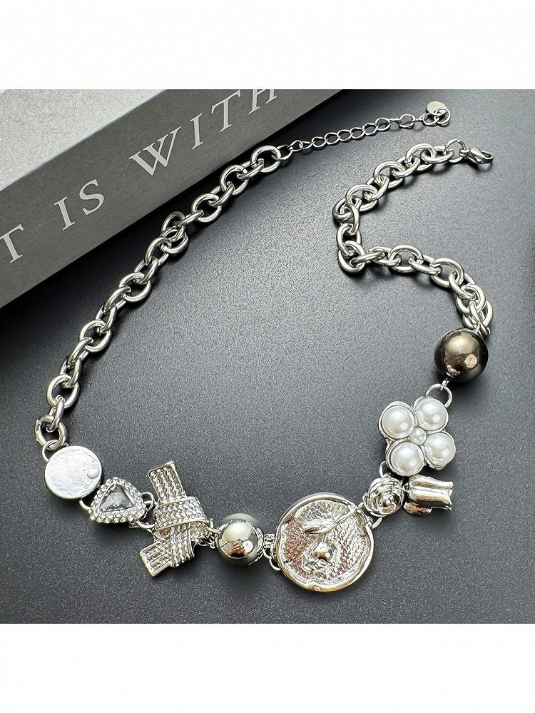 Y2K Silver Chain Necklace with Floral Bead Decor - YSHXS