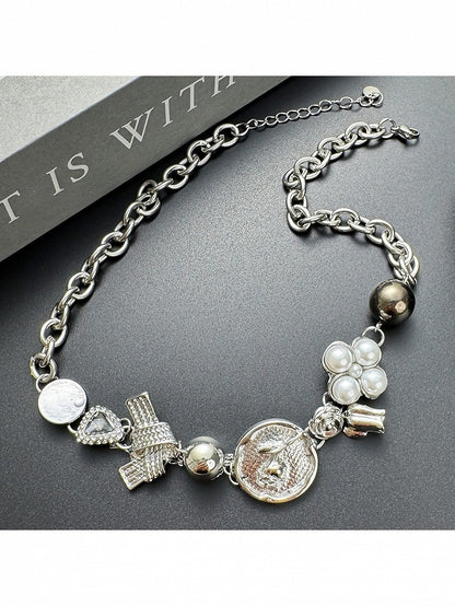 Y2K Silver Chain Necklace with Floral Bead Decor - YSHXS