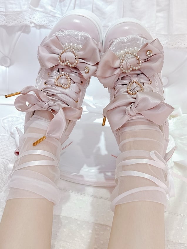 Lace-Up in Jirai Design Kei - Bow Platform Heart Details Shoes with Pink Style Rhinestone Beaded