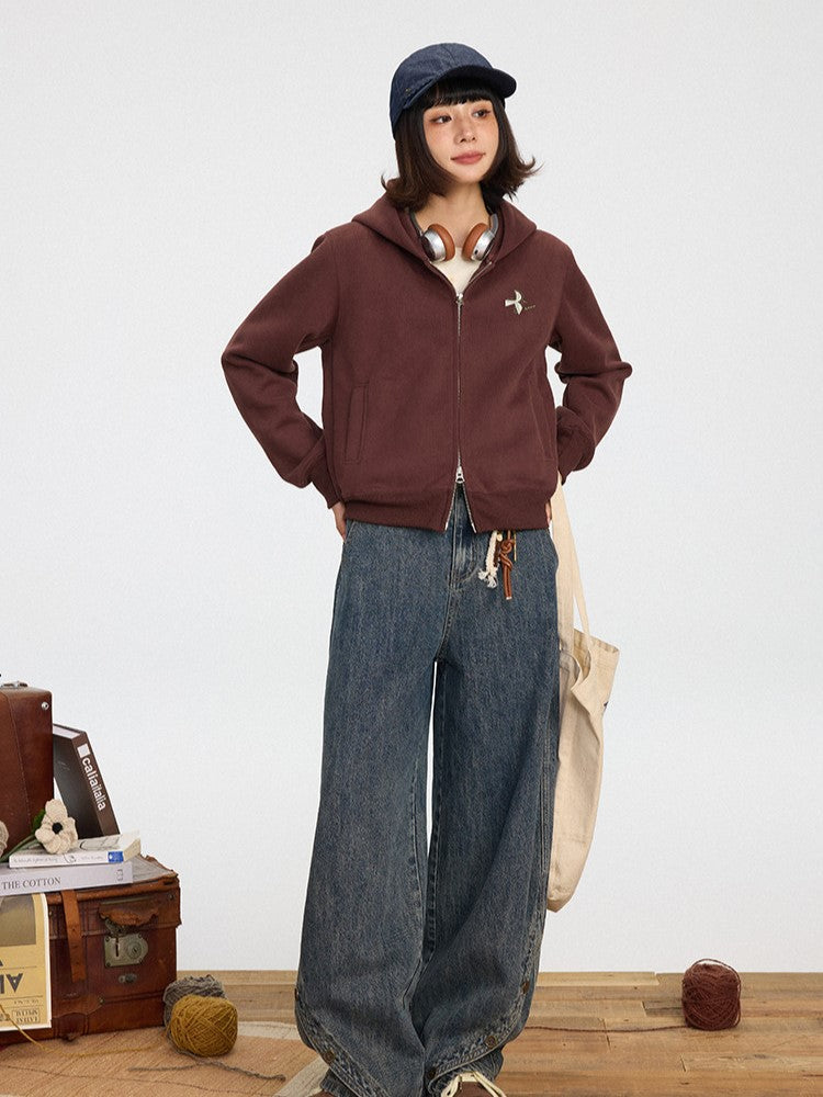 Vintage Red Double-Pull Wine Hoodie Zipper Placket