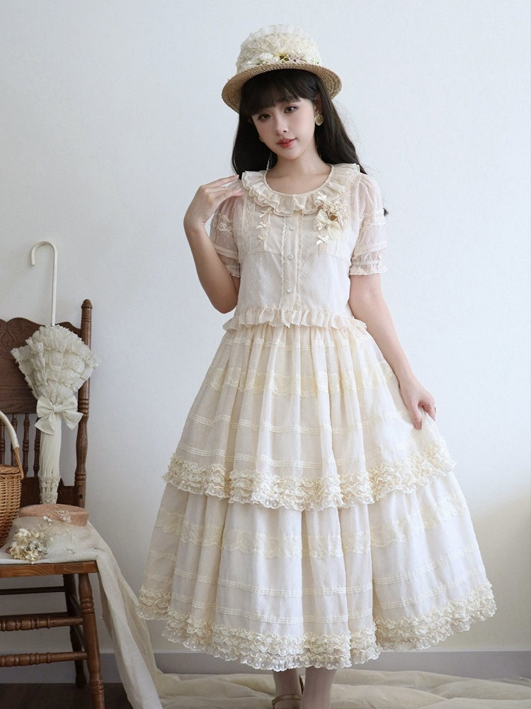 Beige Layered Polka-Dot Lace Skirt - Hana Studio