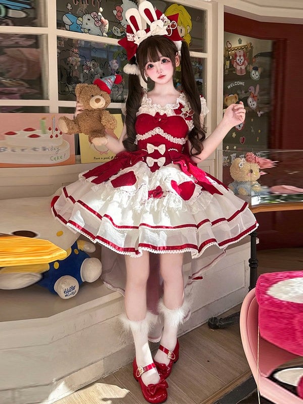 Red Rabbit Theme Lolita Cake JSK Dress KC Train Bow Full Set - Sweet Dream