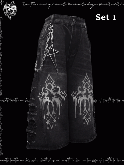 Weite Jeans mit Saum, dunkelgrau, Kreuzdruck, Distressed-Löcher