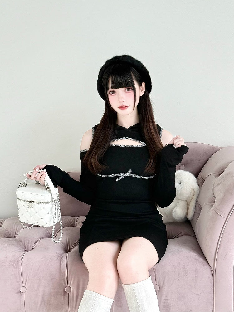 mit Jirai Kawaii Kei Kleid Brust und Schulter Schwarzer Alltagshoodie Ausschnitte über dem Knie