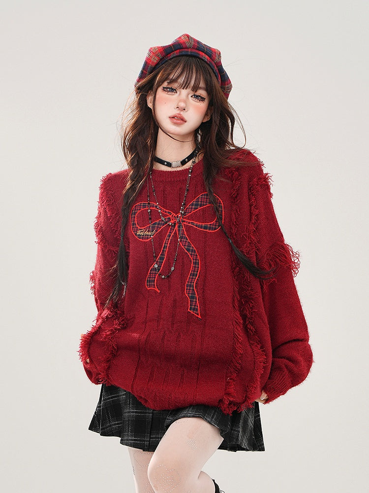 Plaid - Distressed Bittersweet Kawaii Bow Red Sweater Embroidery Hem