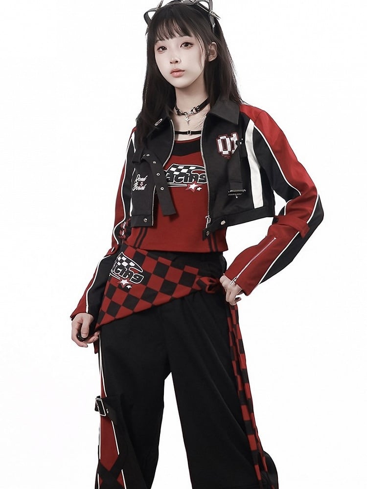 Cropped Moto Jacket in Black & Red with Buckle Straps and Graphic Print - PINK SAVIOR
