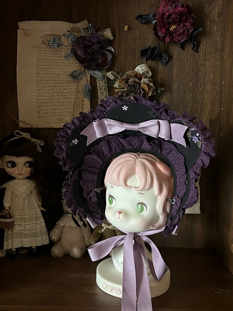 Cape Bonnet Purple Black Jacquard Print + Floral Lolita Full Set Dress JSK