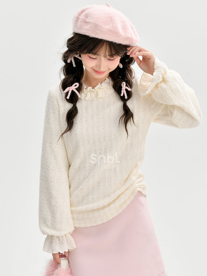 Beiges, langärmliges Oberteil mit Rüschenausschnitt