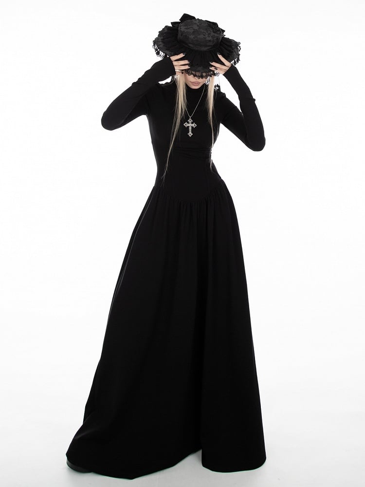 Black A-Line High-Neck Dress with Gothic Thumbhole Cuffs